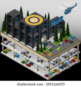 Vector isometric illustration of an element of urban infrastructure consisting of a police department, underground multi storey car park and parked vehicles.