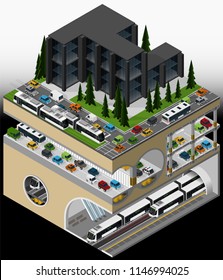 Vector isometric illustration of an element of urban infrastructure consisting of a transport subway hub, tram and bus lines, multi storey car park and underground car tunnel.