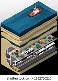 Vector isometric illustration of an element of urban infrastructure consisting of a subway tunnel and underground car tunnel.