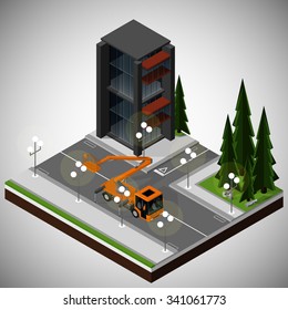 Vector isometric illustration of an element of urban infrastructure. Mobile elevating work platform on the streets of the town. Equipment for maintenance of urban infrastructure.