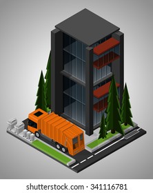 Vector isometric illustration of an element of urban infrastructure. Garbage truck transports the trash. Equipment for maintenance of urban infrastructure.