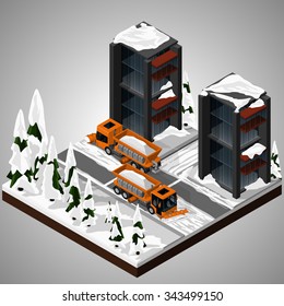 Vector isometric illustration of an element of urban infrastructure. Snowplow machines clean the roadway. Front and rear view. Equipment for maintenance of urban infrastructure.