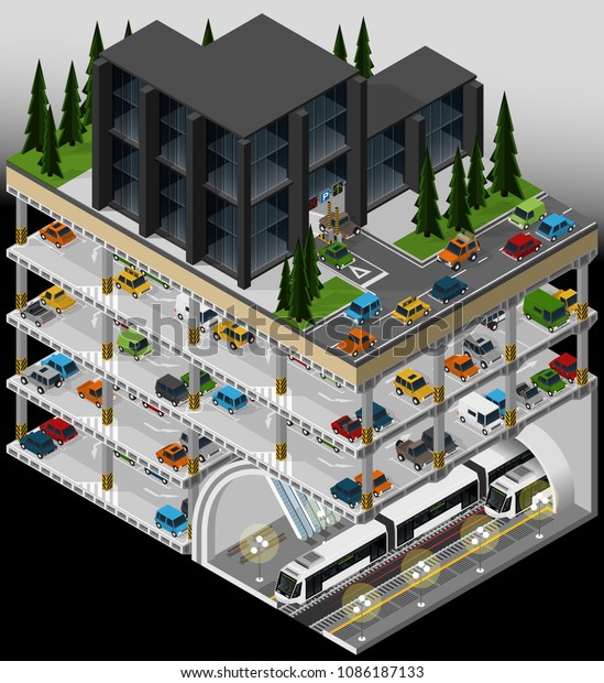 Vector isometric illustration\
of an element of urban infrastructure consisting of a subway\
transport hub, underground multi storey car park and parked\
vehicles.