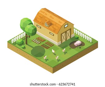 Vector Isometric Illustration Of Farm Building With Garden And Farm Animals 