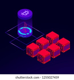 Vector isometric illustration of farm for mining bitcoin. Cryptocurrency and blockchain concept in red and violet colors isolated on dark background
