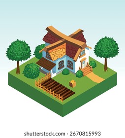 Ilustración isométrica de Vector con una granja en una base cuadrada. Casa, huerto, vides y árboles en colores brillantes y estilo lindo aislado del fondo.