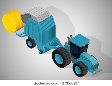 Vector isometric illustration of a farm tractor with a round baler. Equipment for agriculture.