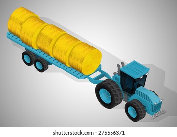 Vector Isometric Illustration Of A Farm Tractor With A Trailer For Transportation Of A Round Balers. Equipment For Agriculture.