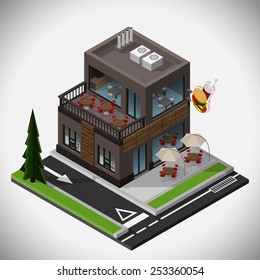 Vector isometric illustration of a fast food restaurant with a summer terrace and a point of reception of the order from the car.