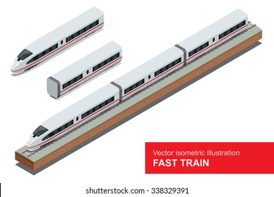 Vector isometric illustration of a Fast Train.  Vehicles designed to carry large numbers of passengers. Isolated vector of modern high-speed-train.