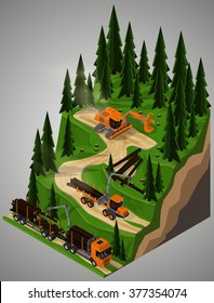 Vector isometric illustration of a feller-buncher, forwarder and timber truck at logging operations. Equipment for forestry industry.