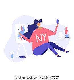 Vector isometric illustration of a female artist sharing her work on social media. Girl in NY sweater painting abstract art on canvas with paint and brushes all around her.