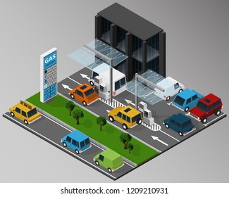 Vector isometric illustration of filling, gas station and the surrounding road infrastructure.