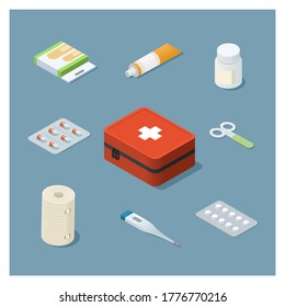 
Vector isometric illustration of first aid kit with medical plaster, tablets, capsules, bandage, thermometer.