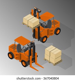 Vector isometric illustration of a forklifts. Equipment for cargo delivery.