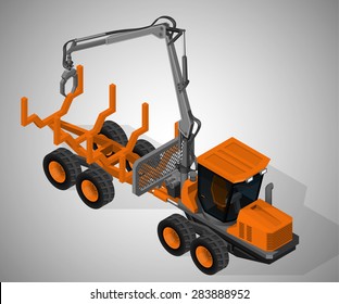Vector isometric illustration of a forwarder , forestry vehicle that carries big felled logs from the stump to a roadside landing. Equipment for forestry industry.