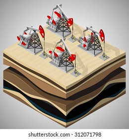 Vector isometric illustration of a four oil pumpjacks on oil field development. Equipment for oil and gas industry.