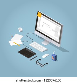 Vector isometric illustration of freelancer workspace. Laptop with graphic design software, graphics tablet with pen, papers, sketches, pencil, glasses and mug. Intensive working process concept.