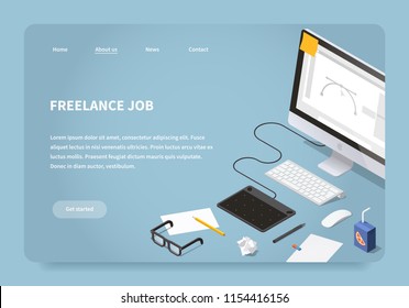 Vector Isometric Illustration Of Freelancer Workspace. Desktop Computer With Graphic Design Software, Graphics Tablet With Pen, Papers, Sketches, Pencil, Glasses. Freelance Job Landing Page Concept.