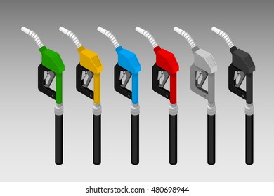 Vector Isometric Illustration Of The Fuel Nozzle. Equipment For The Fueling Station.