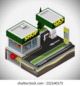 Vector Isometric Illustration Of Fuel Station And Coffee Shop.