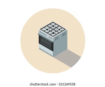 Vector isometric illustration of gas cooker, stove, 3d flat design kitchen equipment, home constructor, modern interior and game object. 