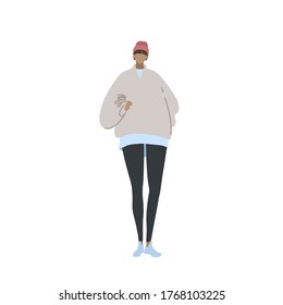 Vector isometric illustration of girl fashion model. Woman figure in pink hoodie. 