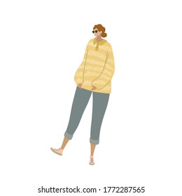 Vector isometric illustration of girl fashion model. Woman figure in yellow clothes. Fabric pattern collection  