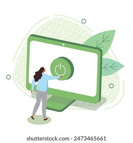 Vector isometric illustration of a girl standing near the computer and turning it off. Computer with power button.