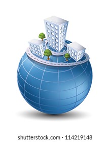 Vector isometric illustration of a globe with the city on travel