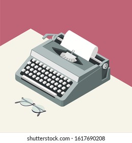 Vector isometric illustration with gray typewriter and glasses, on the white table, on the pink background. Modern writer. 3D illustration. Flat design. Work place. All elements are isolated.