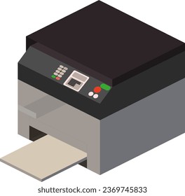 A vector isometric illustration of a grayscale and black printer, merging sleek design with robust functionality, making it a must-have for office and home use