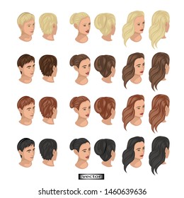 Vector isometric illustration of hairstyles for men and women of all colors, blond, red and brunette fine details of drawing