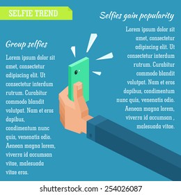 Vector isometric illustration of a hand holding a phone making a selfie in flat infographic style