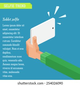 Vector isometric illustration of a hand holding a tablet making a selfie in flat infographic style