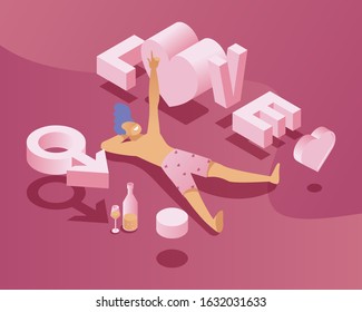 Vector isometric illustration of happy laying man with wine bottle and glass of wine, choosing a couple among love word and male sign. Dating application banner template.