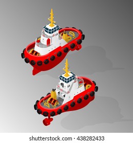 Vector Isometric Illustration Of Harbor Tugboat. Maritime Transport.