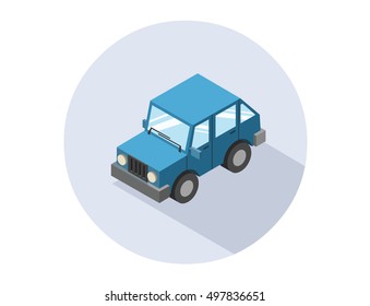 Vector isometric illustration of hatchback blue car, flat 3D design, city transport icon, cartoon style, SUV  