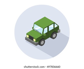 Vector isometric illustration of hatchback green car, flat 3D design, city transport icon, cartoon style, SUV  