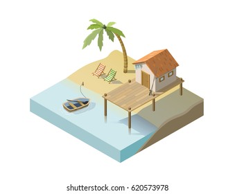 Vector isometric illustration of house on the beach