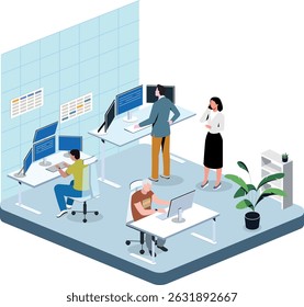 
Ilustração isométrica vetorial de como as pessoas trabalham no escritório