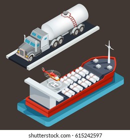 Vector isometric illustration, icons truck with tanker for transportation of liquid fuel, sea tanker with cargo cistern and helicopter pad. The concept of oil transportation