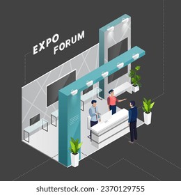 Vector Isometric Illustration of Indoor Trade exhibition Expo Stand Zone for Presentation with Counter, Tables, Screens, People and Plants