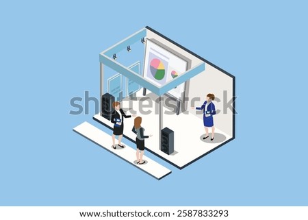 Vector Isometric Illustration of Indoor Trade Fair, sale offer products