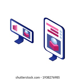 Vector isometric illustration of infographics monitors with graphs and study of 3D paintings. NTF token analysis of price increases for works of art.