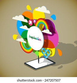 Vector isometric illustration of inspiration concept. Tablet PC with pen