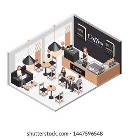 Vector isometric illustration of interior of coffee shop. Illustration people work in a coffee shop. People drink coffee from cups. Vector elements: coffee machine, table, sofa, snack, sweet, cup.