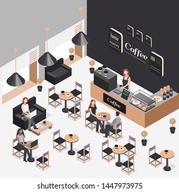 Vector isometric illustration of interior of coffee shop. Illustration people work in a coffee shop. People drink coffee from cups. Vector elements: coffee machine, table, sofa, snack, sweet, cup.