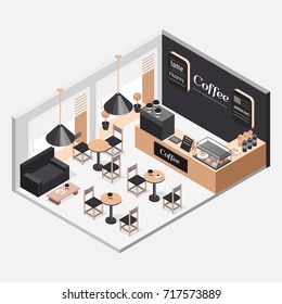 Vector isometric illustration of interior of coffee shop. Coffee house with a coffee machine, tables, sofa, snacks and sweets. Design the concept of interior cafe. Coffee to go.