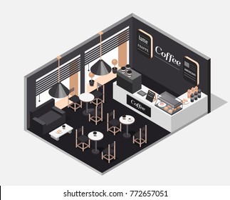 Vector isometric illustration of interior of coffee shop. Coffee house with a coffee machine, tables, sofa, snacks and sweets. Design the concept of interior cafe. Coffee to go.